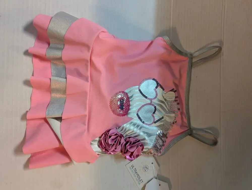 NWT Flapappyles Girls Pink & Silver Zebra Swim Dress Size 4 Swimsuit One Piece